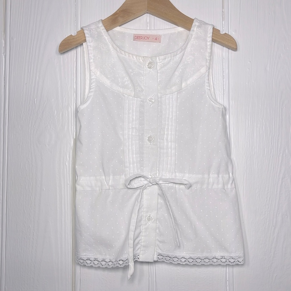 DEER JOY EUC 100% Cotton High End Spanish Boutique White Lace Trimmed Blouse